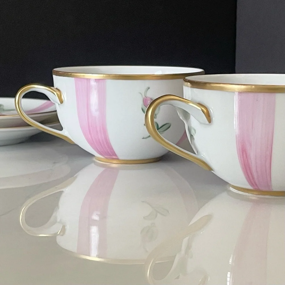 SET of 2 Pink Rose Cups & Saucers - Marie Daage Limoges